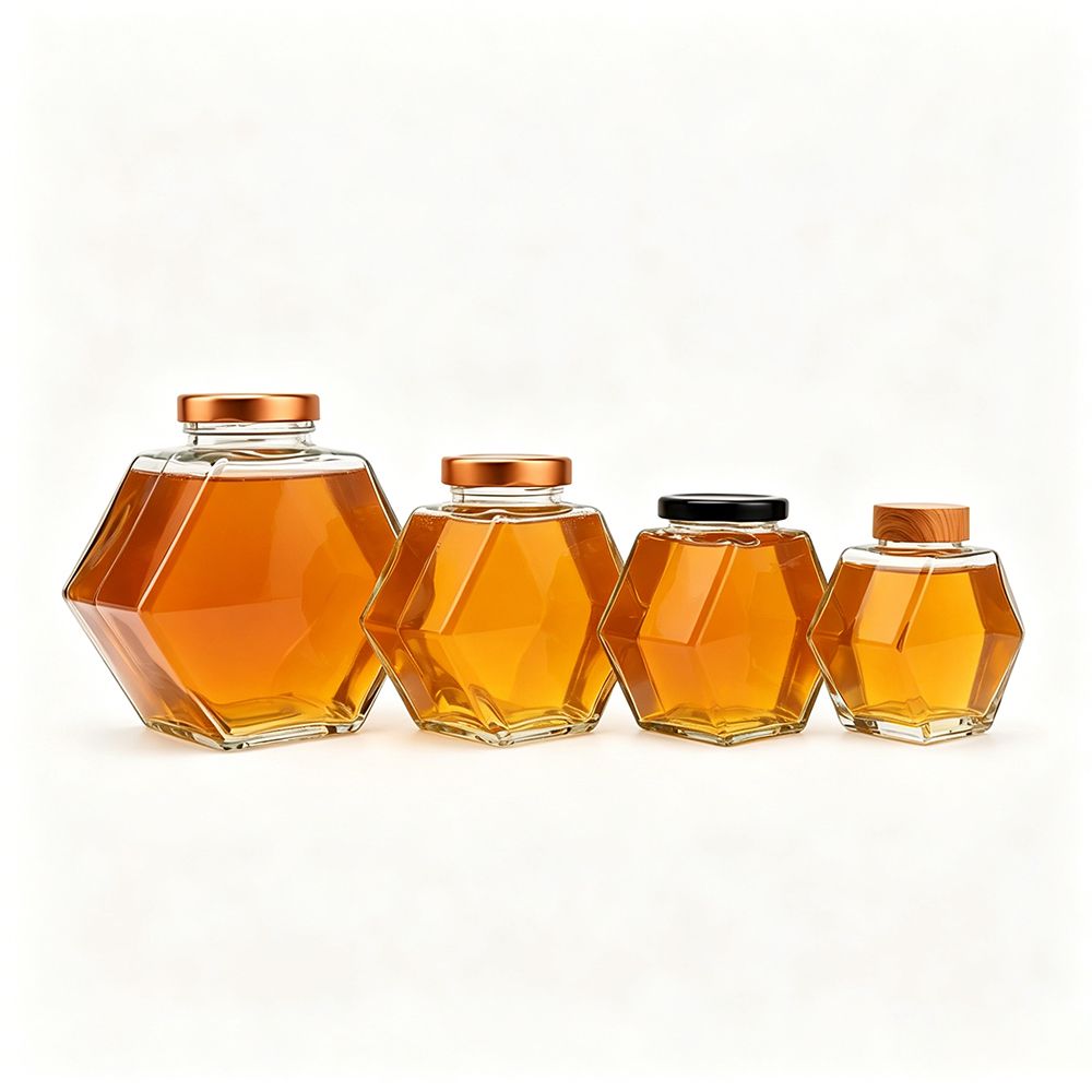Hexagonal Leakproof Glass Honey Jar For Honey Syrup Jam Spice Stackable Food Storage Container