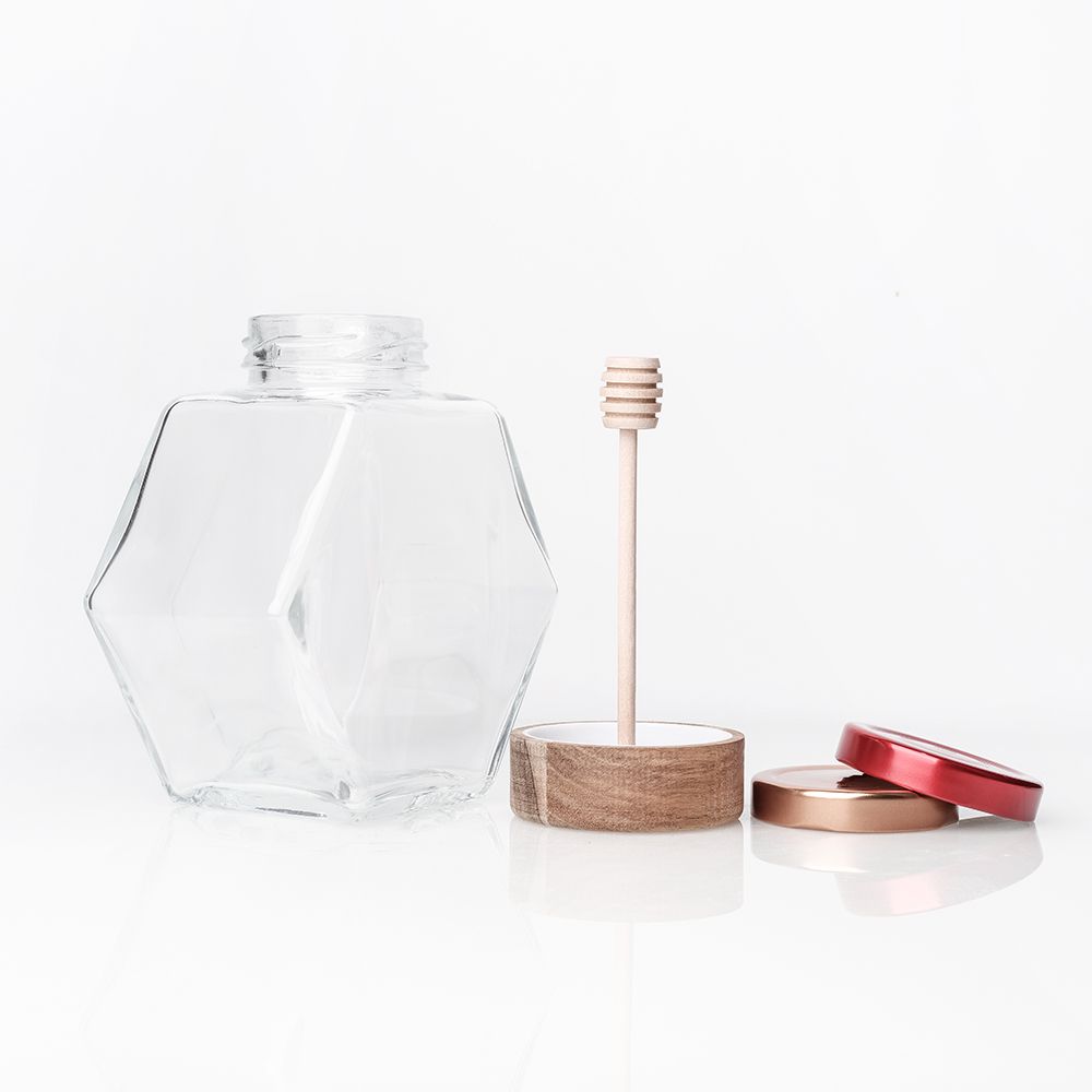 Premium 100ml 220ml380ml Hexagonal Glass Honey Jar with Metal Lids/Wood Lid